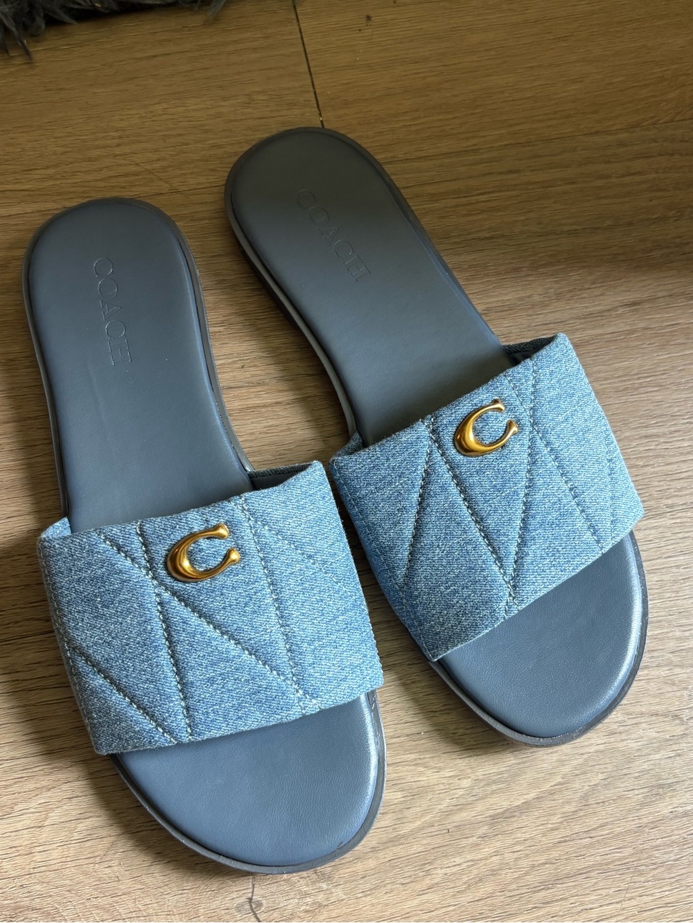 Coach Denim Quilted Slide Sandals with Gold Accent - Blue